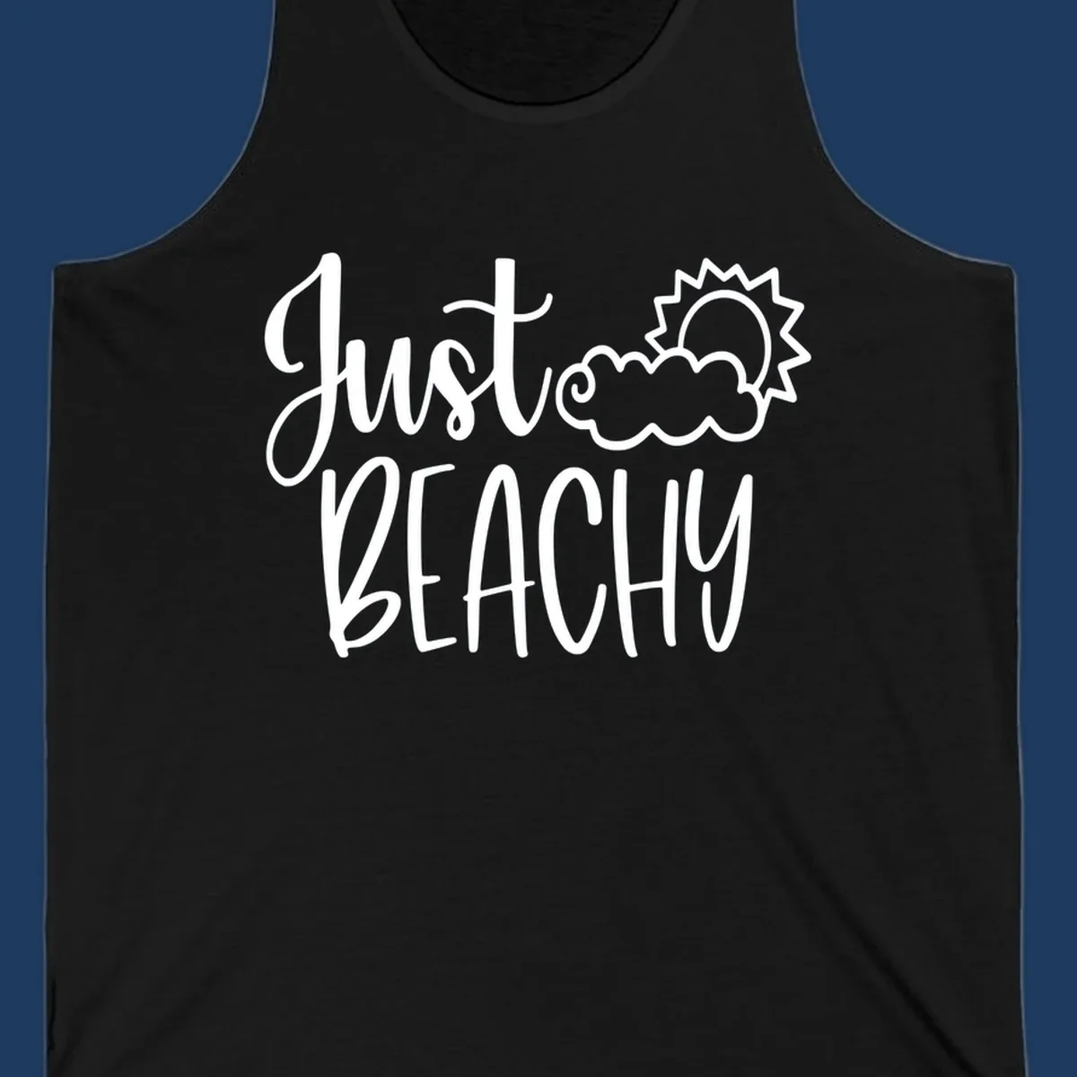 White illustrated text reading 'Just Beachy' with a smiling sun and cloud graphic, capturing beach vacation vibes