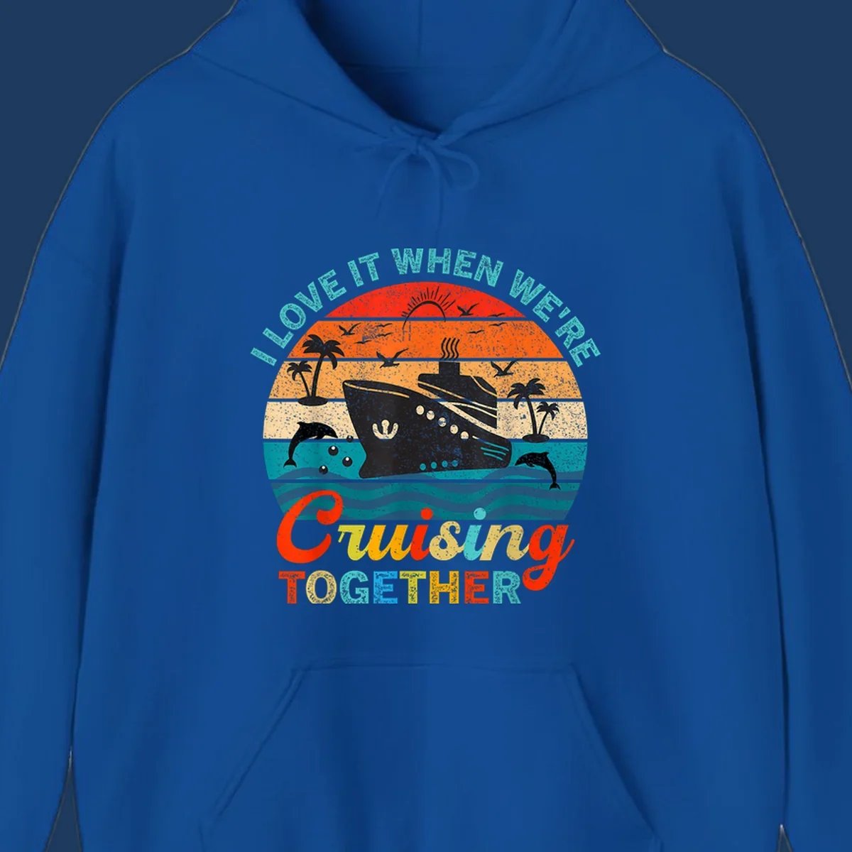 Retro vintage cruise ship design with tropical sunset, palm trees, dolphins, and ocean waves in warm and cool tones with 'I Love It When We're Cruising Together' text