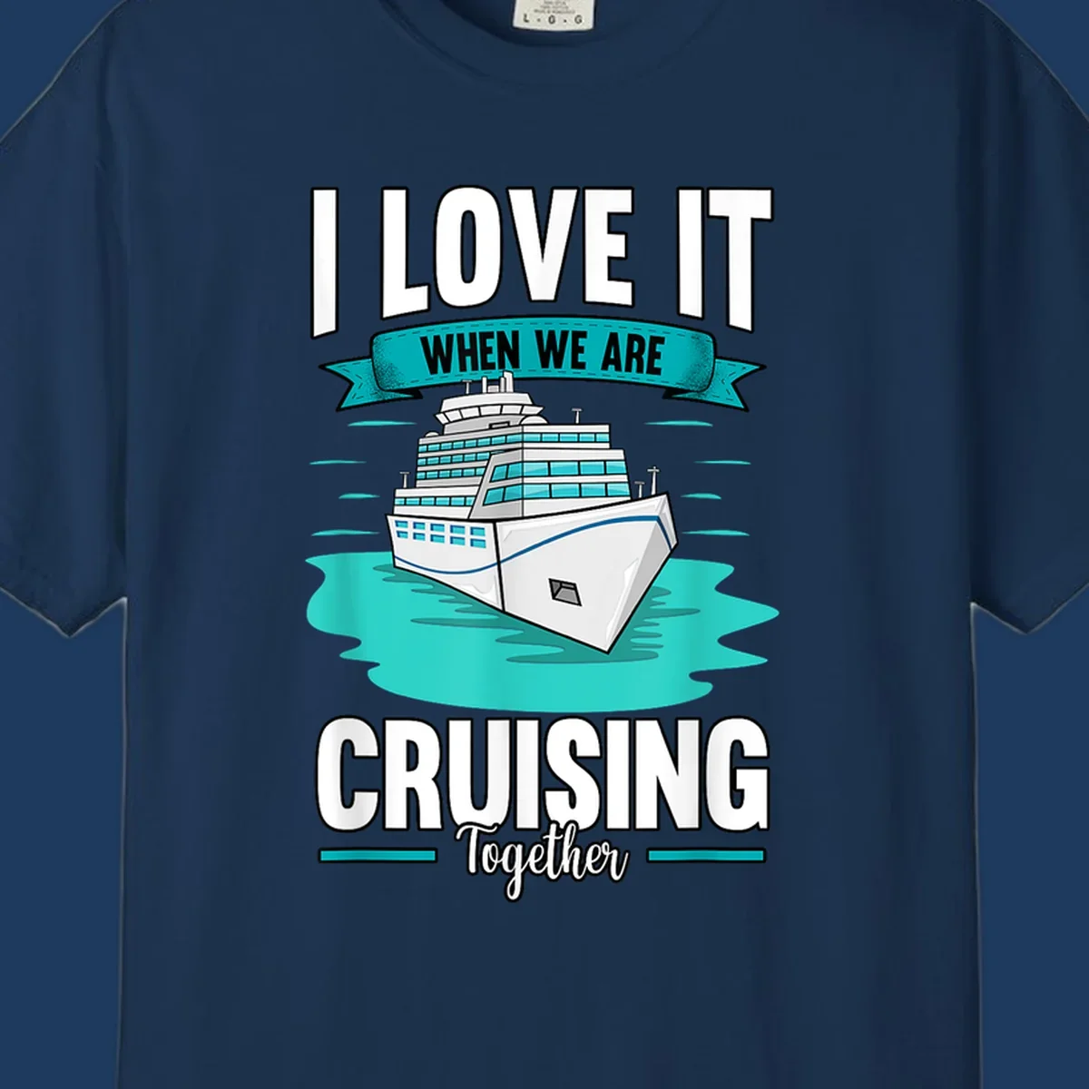 Illustration of a cruise ship in turquoise water with text reading 'I love it when we are cruising together' celebrating group cruise vacations