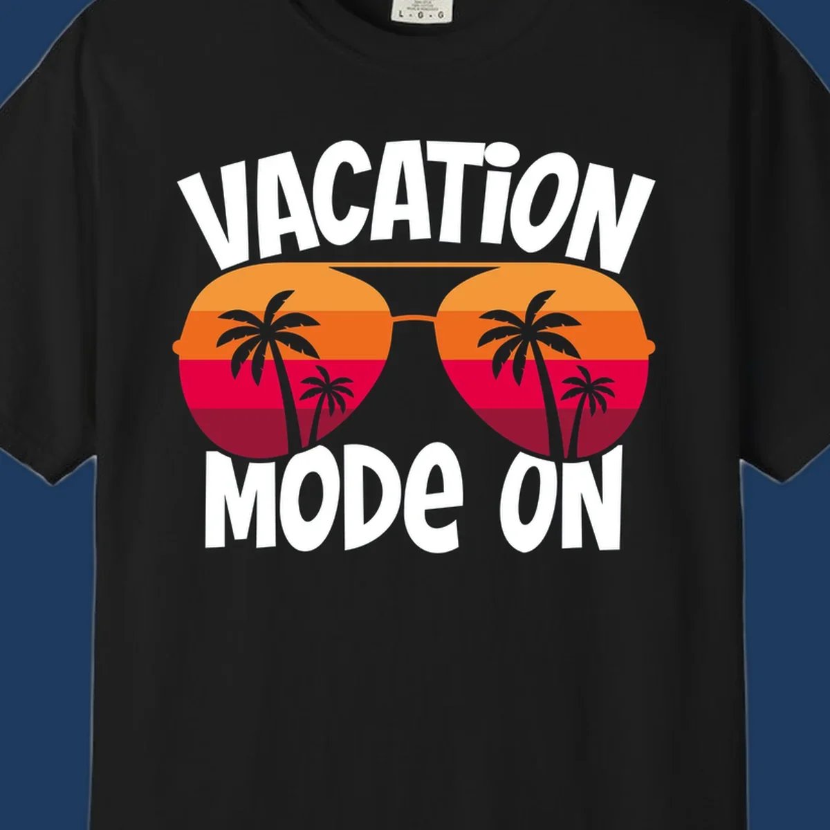 Vacation mode on design featuring oversized sunglasses with tropical sunset and palm trees inside each lens, framed by bold white text