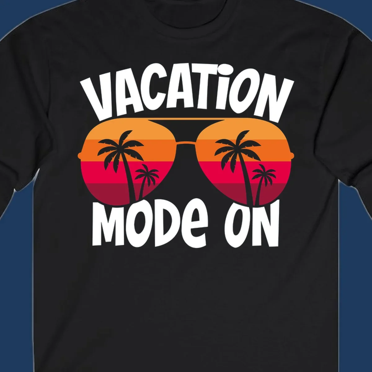 Vacation mode on design featuring oversized sunglasses with tropical sunset and palm trees inside each lens, framed by bold white text