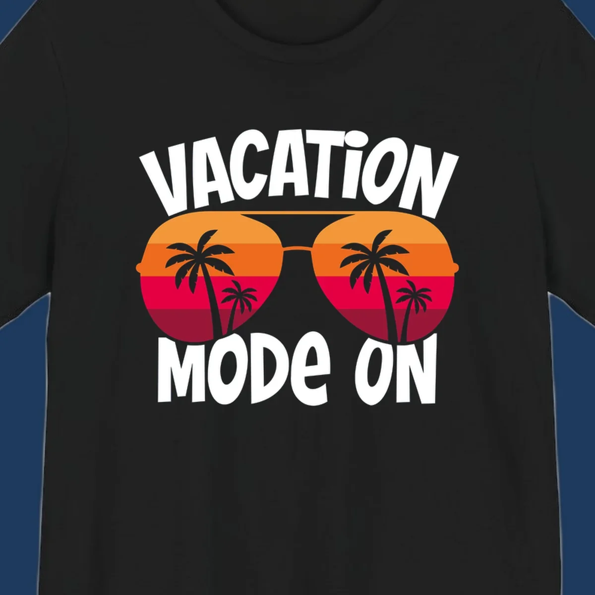 Vacation mode on design featuring oversized sunglasses with tropical sunset and palm trees inside each lens, framed by bold white text