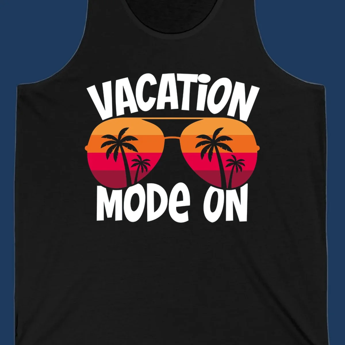 Vacation mode on design featuring oversized sunglasses with tropical sunset and palm trees inside each lens, framed by bold white text