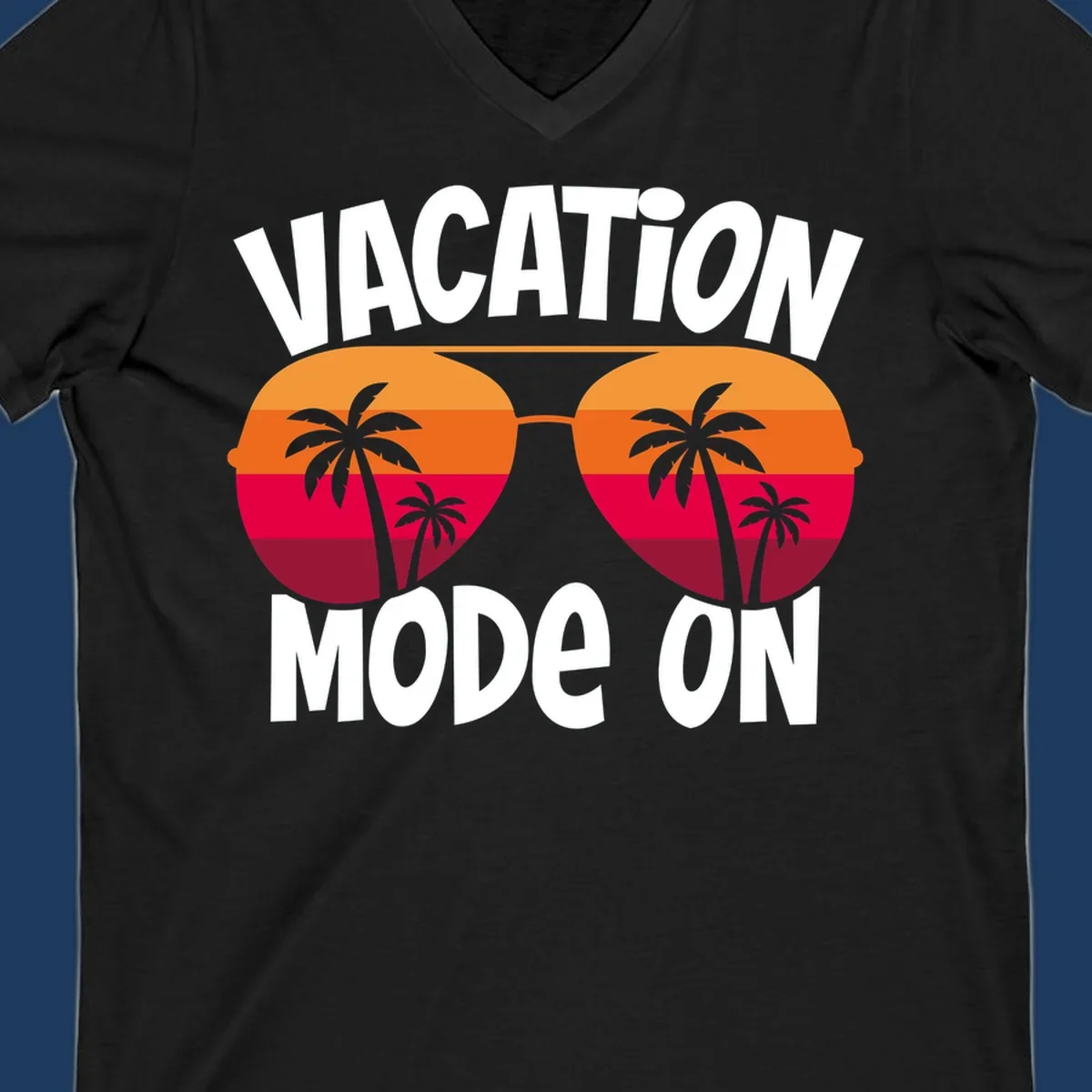 Vacation mode on design featuring oversized sunglasses with tropical sunset and palm trees inside each lens, framed by bold white text