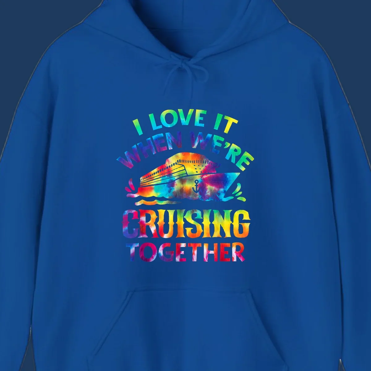 Colorful tie-dye fish with rainbow text reading 'I Love It When We're Cruising Together' on gray background