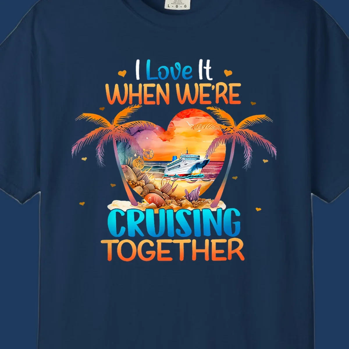 Love cruising together design with cruise ship, tropical palm trees, and sunset scene in heart frame