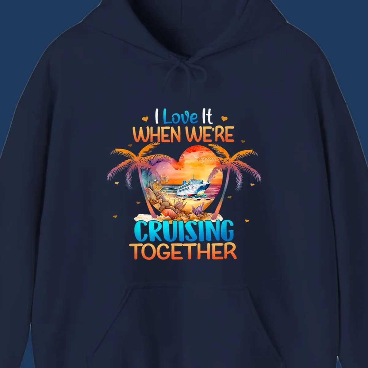 Love cruising together design with cruise ship, tropical palm trees, and sunset scene in heart frame