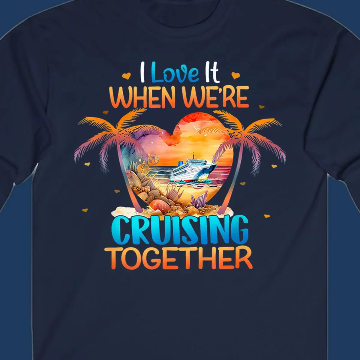 Love cruising together design with cruise ship, tropical palm trees, and sunset scene in heart frame