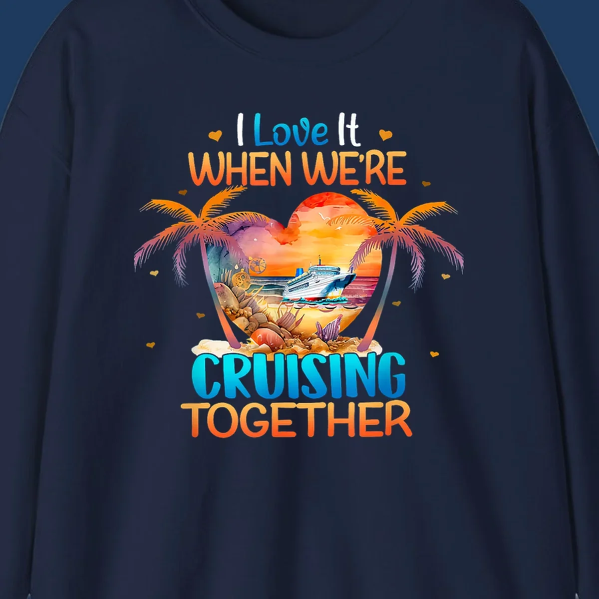 Love cruising together design with cruise ship, tropical palm trees, and sunset scene in heart frame