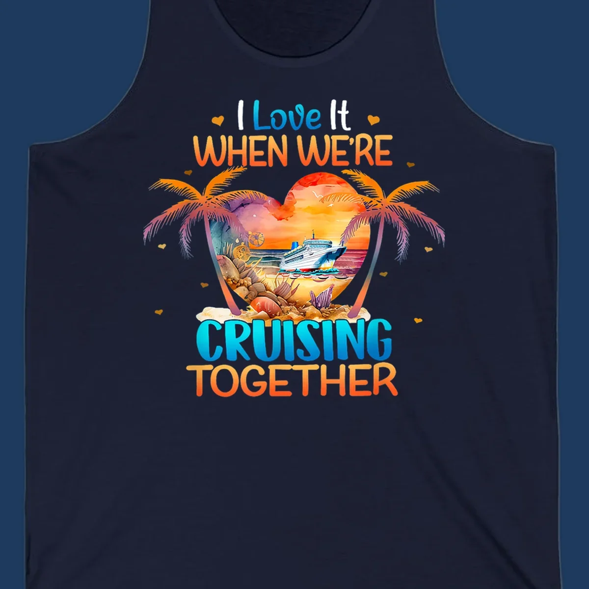 Love cruising together design with cruise ship, tropical palm trees, and sunset scene in heart frame