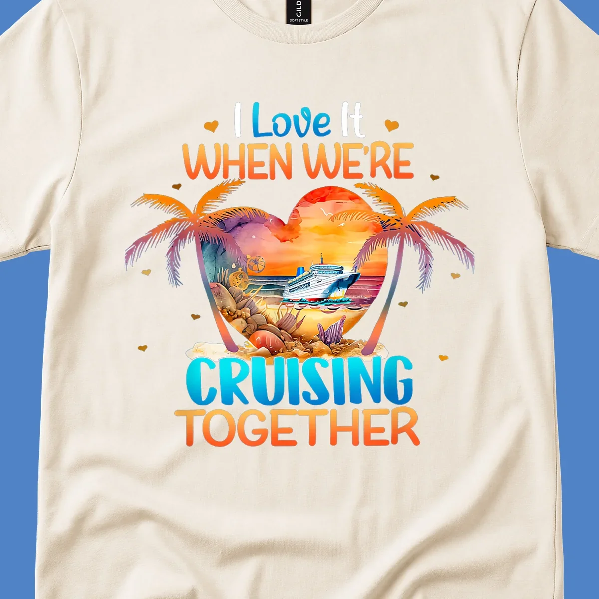 Love cruising together design with cruise ship, tropical palm trees, and sunset scene in heart frame