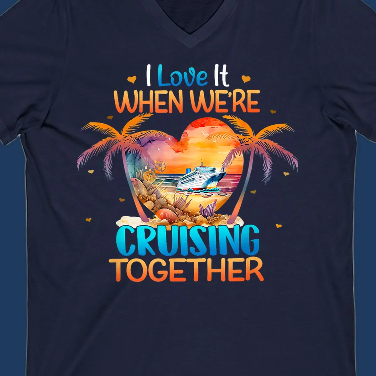 Love cruising together design with cruise ship, tropical palm trees, and sunset scene in heart frame