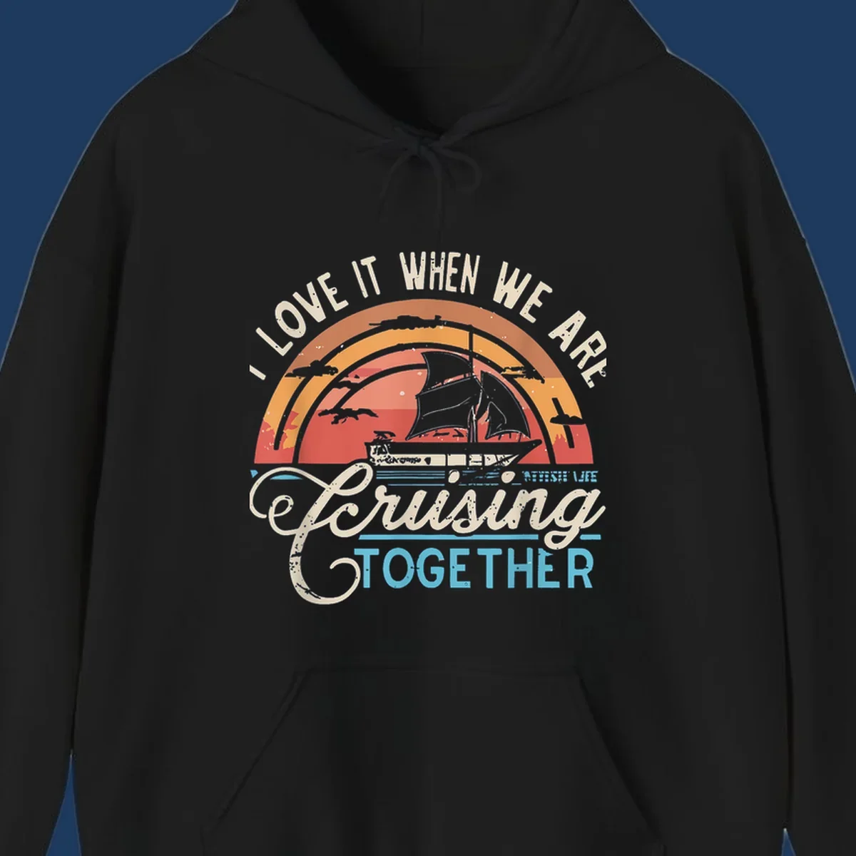 Vintage-style cruising together design with sailing ship silhouette against layered sunset arcs and ocean waves