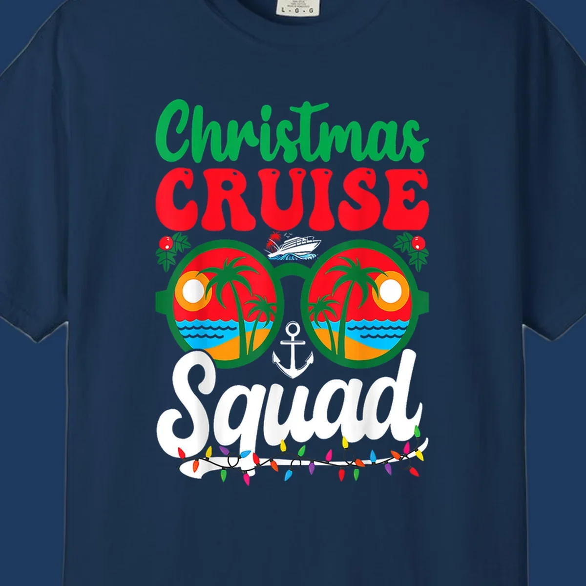 Christmas Cruise Squad design with binoculars showing tropical islands, palm trees, ocean, anchor, ship, and holiday decorations on gray background