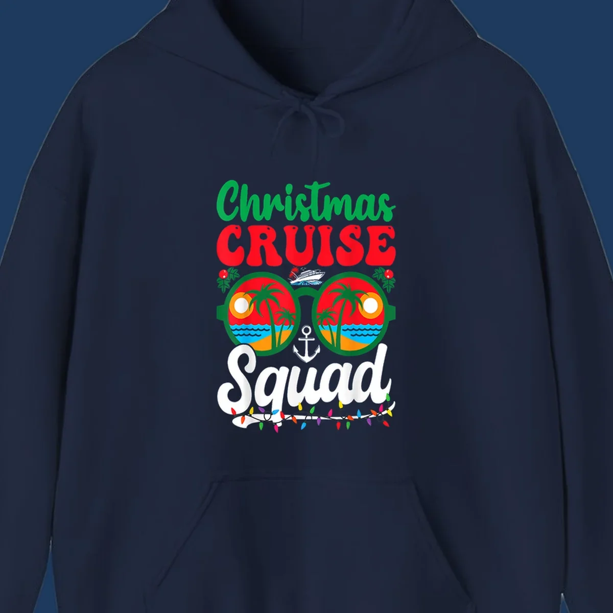 Christmas Cruise Squad design with binoculars showing tropical islands, palm trees, ocean, anchor, ship, and holiday decorations on gray background