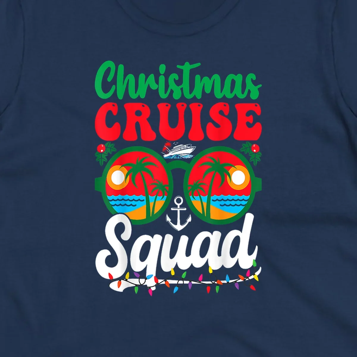 Christmas Cruise Squad design with binoculars showing tropical islands, palm trees, ocean, anchor, ship, and holiday decorations on gray background
