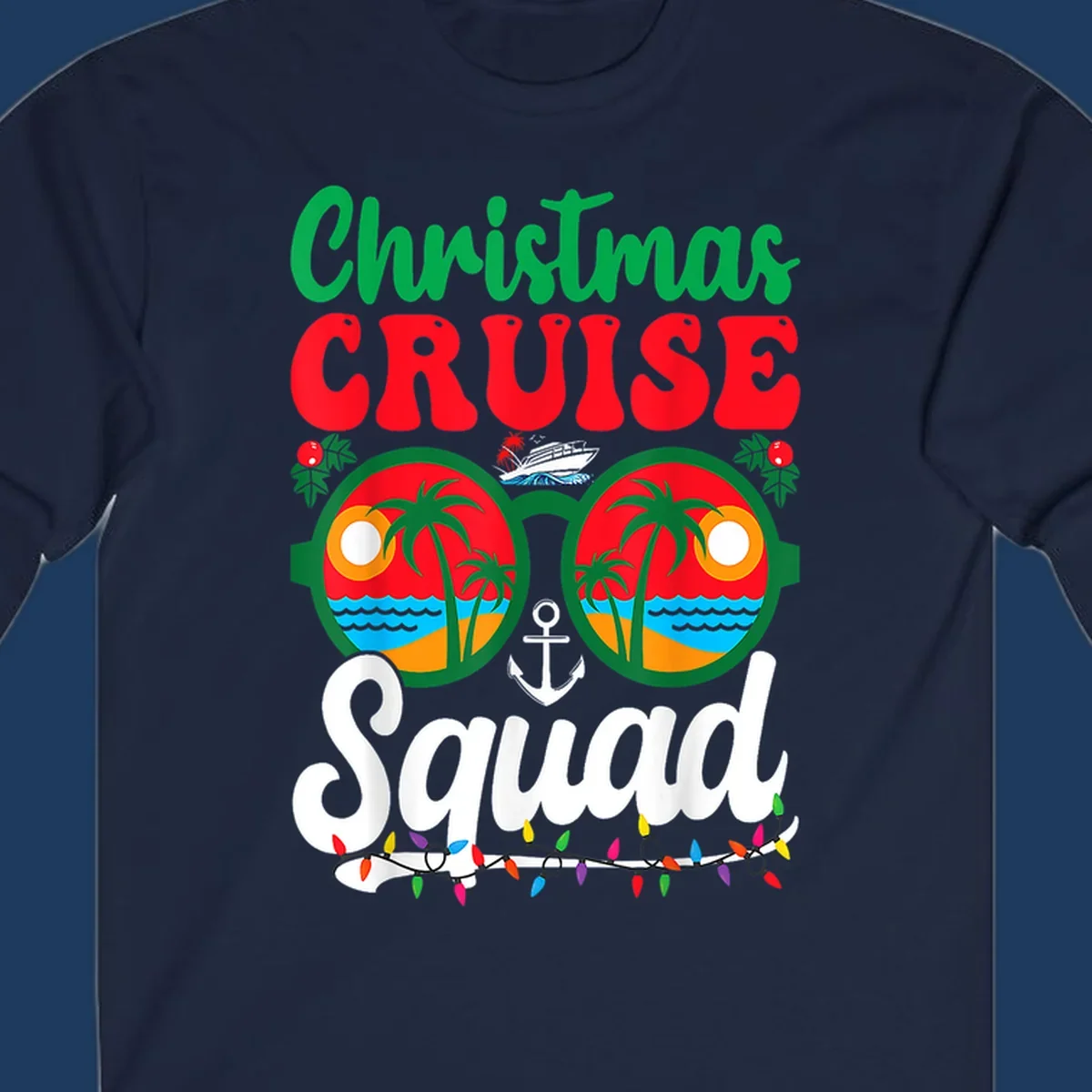 Christmas Cruise Squad design with binoculars showing tropical islands, palm trees, ocean, anchor, ship, and holiday decorations on gray background