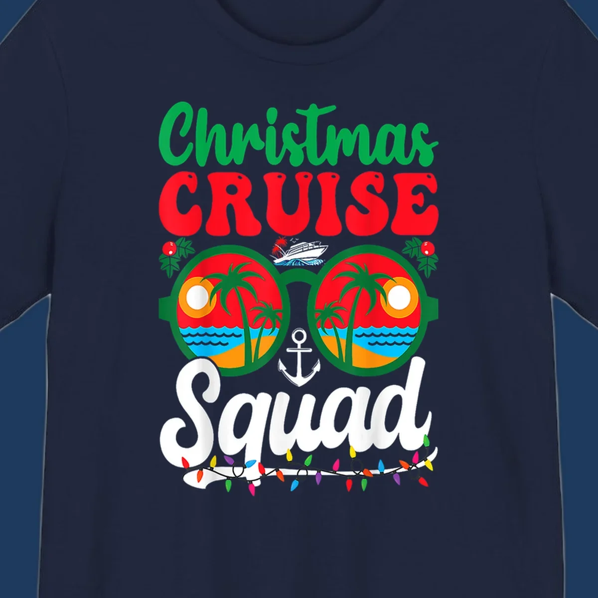 Christmas Cruise Squad design with binoculars showing tropical islands, palm trees, ocean, anchor, ship, and holiday decorations on gray background