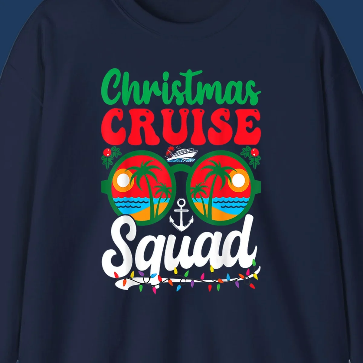 Christmas Cruise Squad design with binoculars showing tropical islands, palm trees, ocean, anchor, ship, and holiday decorations on gray background