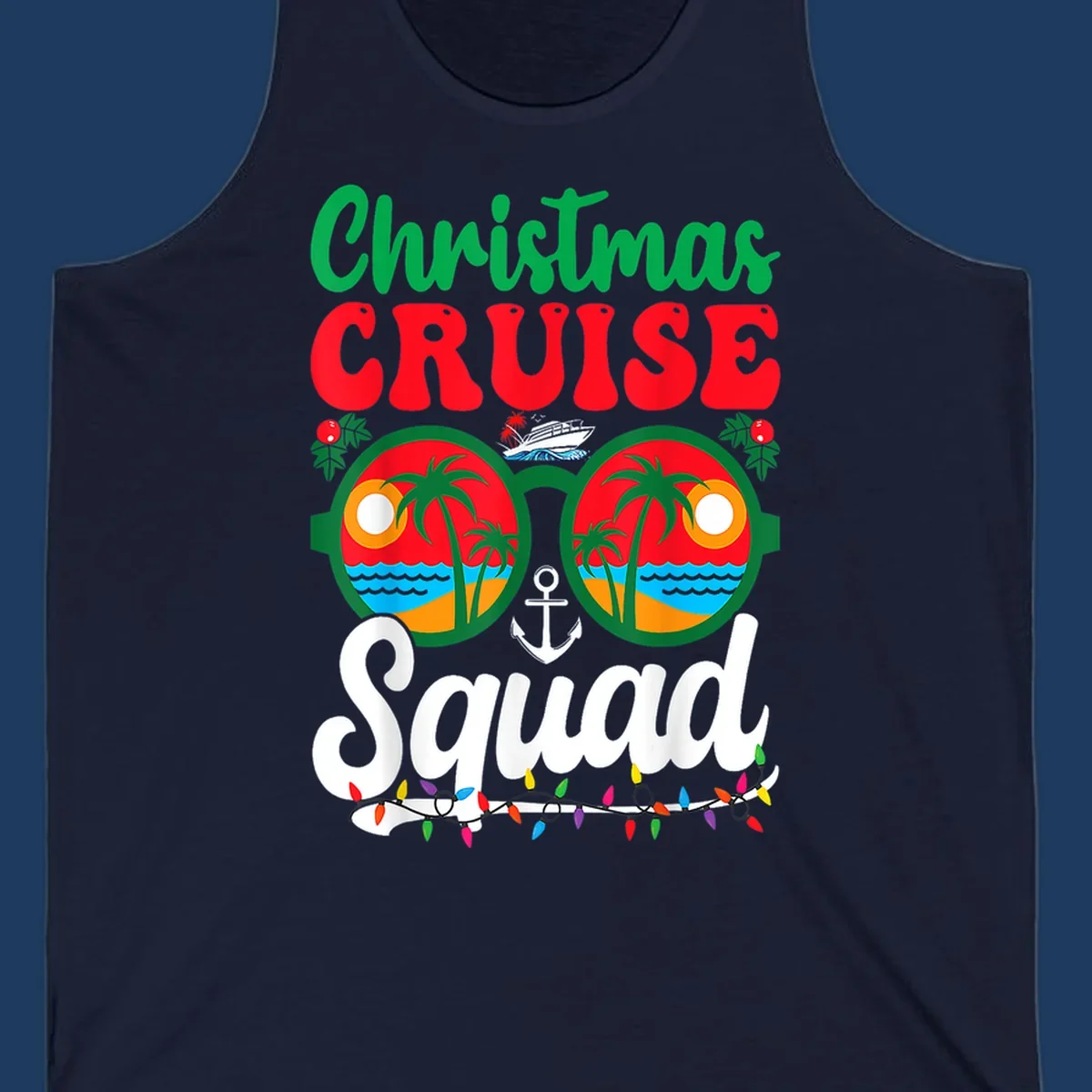 Christmas Cruise Squad design with binoculars showing tropical islands, palm trees, ocean, anchor, ship, and holiday decorations on gray background