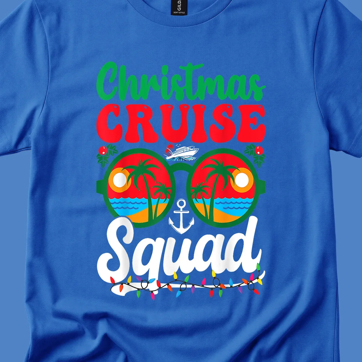 Christmas Cruise Squad design with binoculars showing tropical islands, palm trees, ocean, anchor, ship, and holiday decorations on gray background