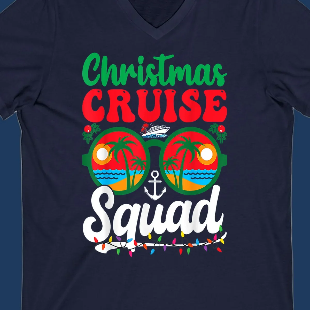 Christmas Cruise Squad design with binoculars showing tropical islands, palm trees, ocean, anchor, ship, and holiday decorations on gray background