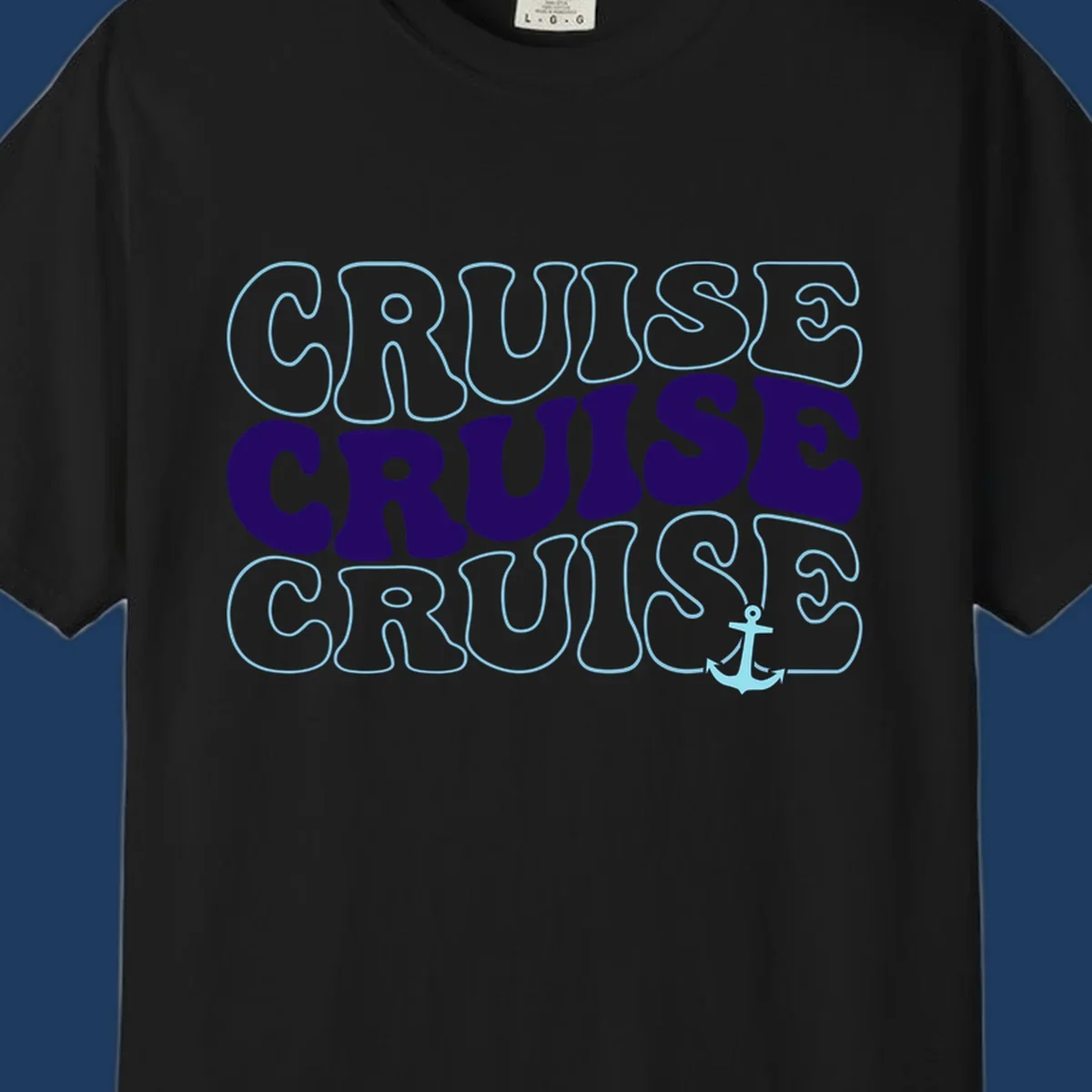 Cruise repeat anchor design with navy and light blue text on gray background, featuring the word cruise repeated three times with a small anchor icon