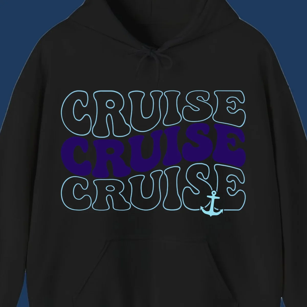 Cruise repeat anchor design with navy and light blue text on gray background, featuring the word cruise repeated three times with a small anchor icon
