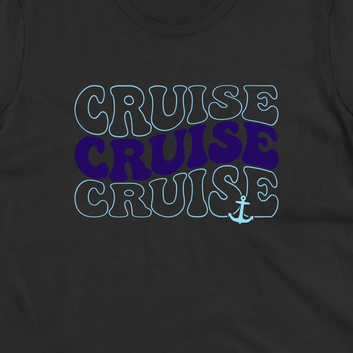 Cruise repeat anchor design with navy and light blue text on gray background, featuring the word cruise repeated three times with a small anchor icon