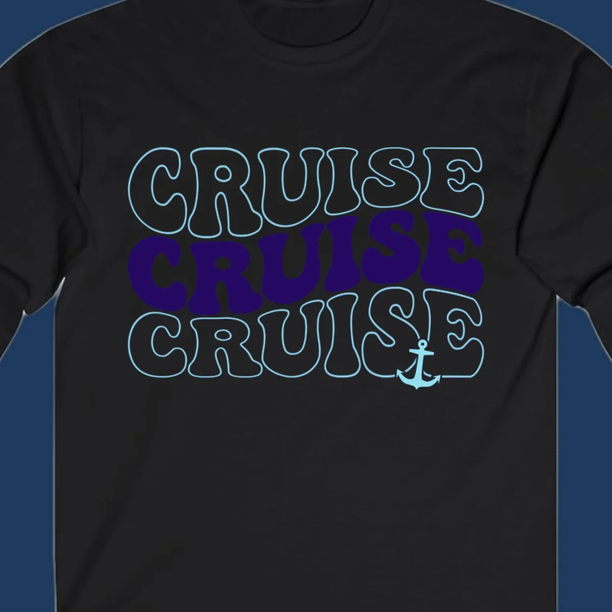 Cruise repeat anchor design with navy and light blue text on gray background, featuring the word cruise repeated three times with a small anchor icon