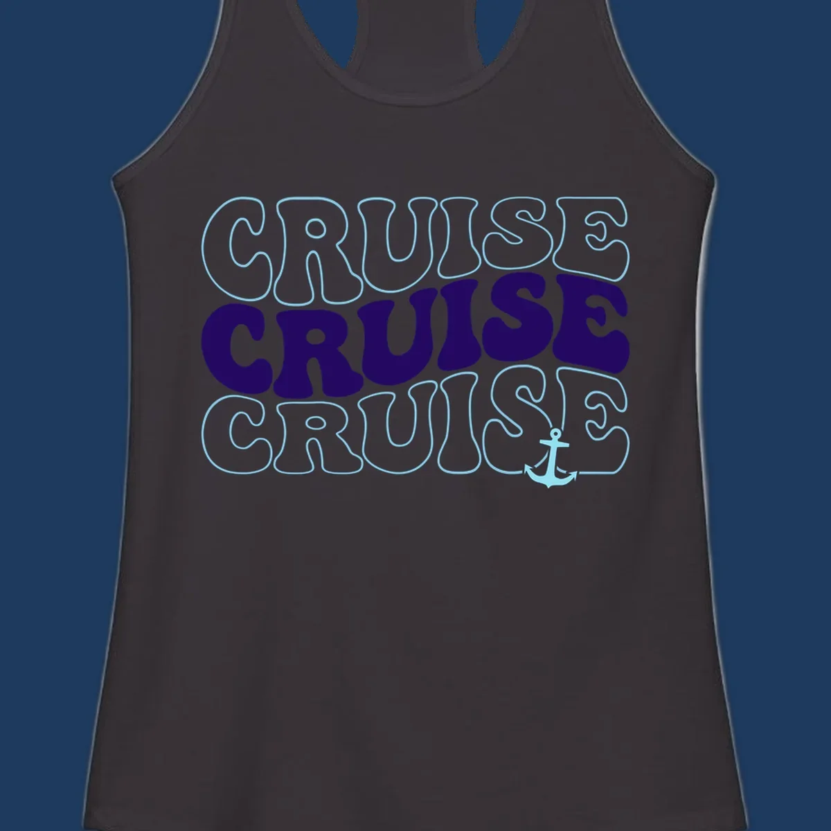 Cruise repeat anchor design with navy and light blue text on gray background, featuring the word cruise repeated three times with a small anchor icon