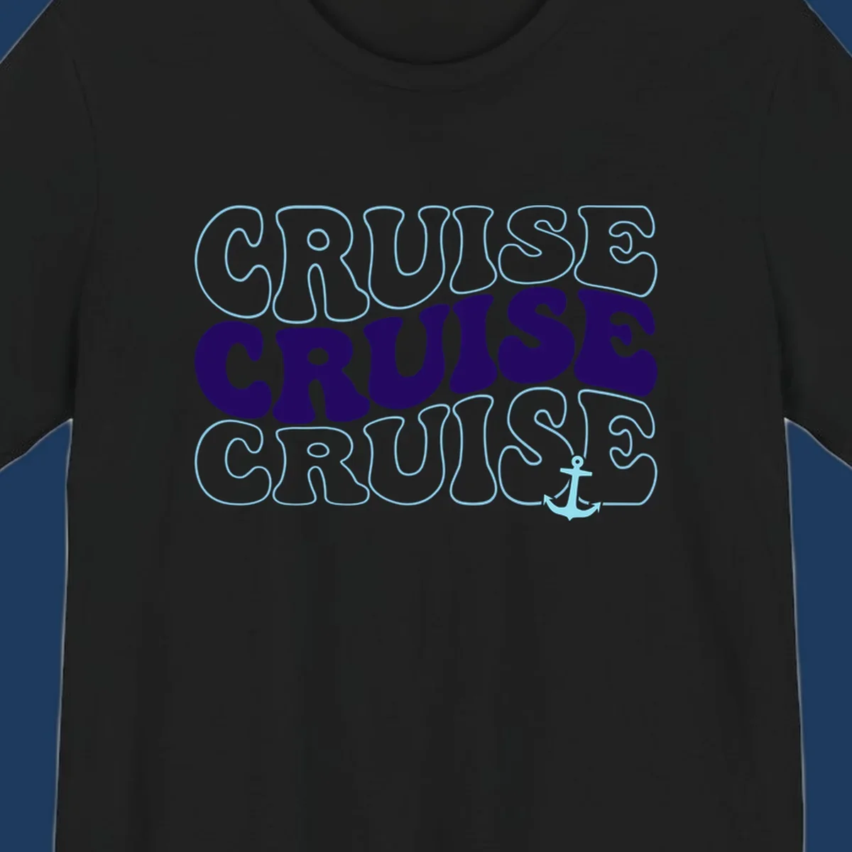 Cruise repeat anchor design with navy and light blue text on gray background, featuring the word cruise repeated three times with a small anchor icon