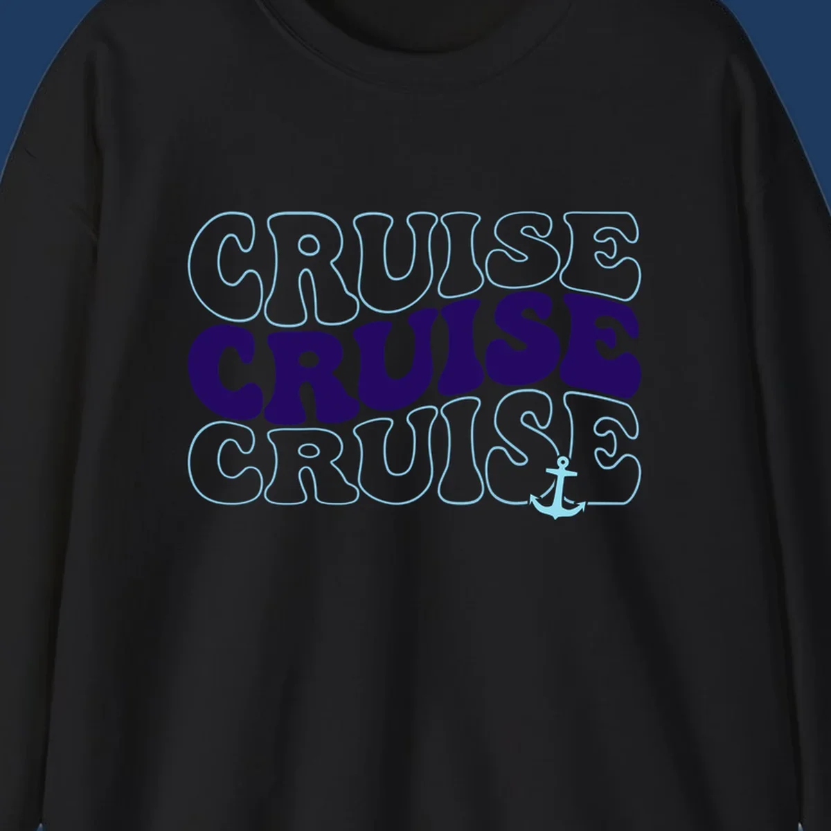 Cruise repeat anchor design with navy and light blue text on gray background, featuring the word cruise repeated three times with a small anchor icon