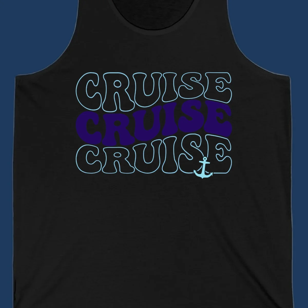 Cruise repeat anchor design with navy and light blue text on gray background, featuring the word cruise repeated three times with a small anchor icon