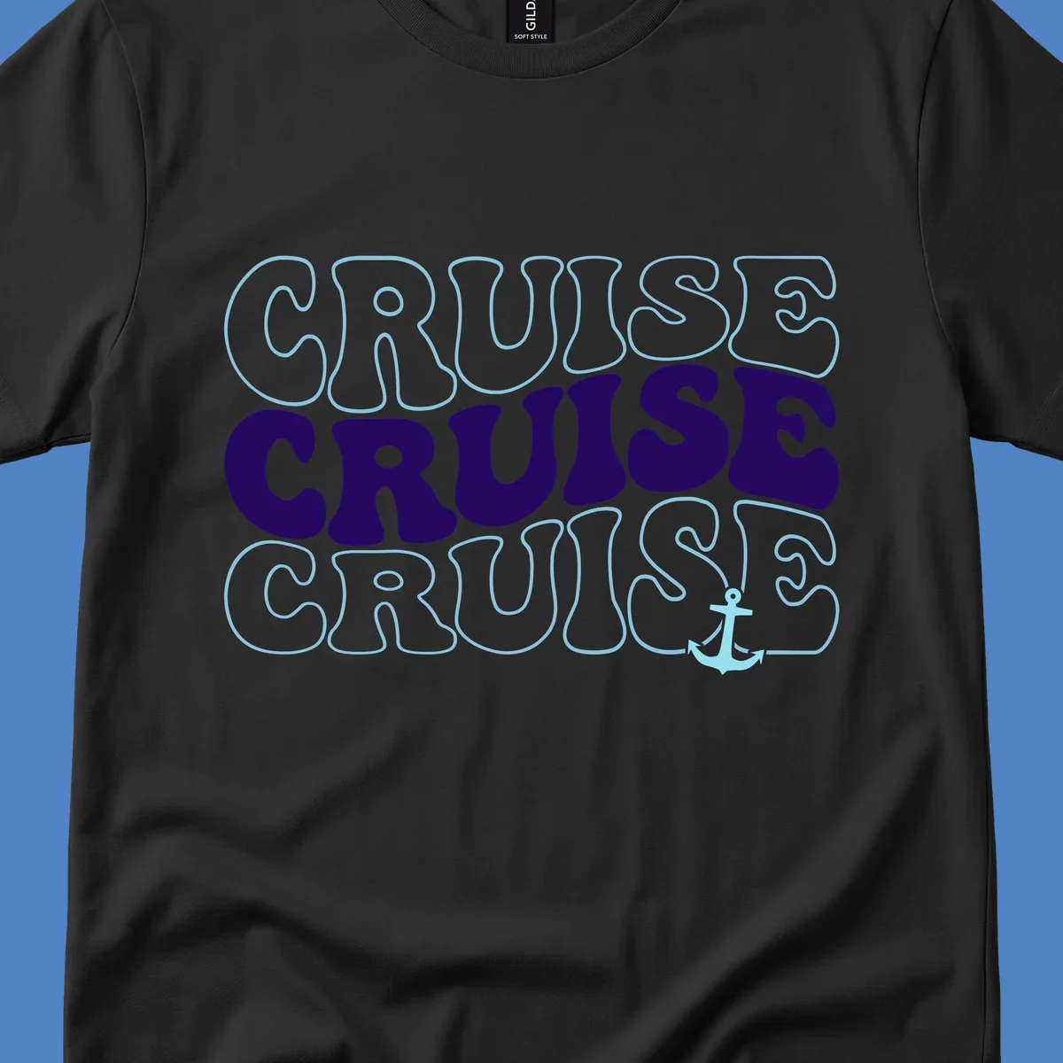 Cruise repeat anchor design with navy and light blue text on gray background, featuring the word cruise repeated three times with a small anchor icon