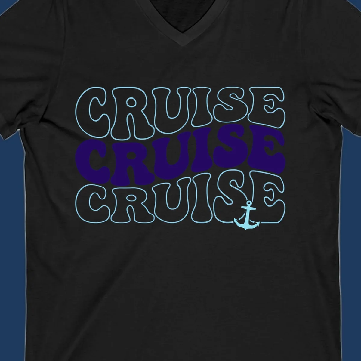 Cruise repeat anchor design with navy and light blue text on gray background, featuring the word cruise repeated three times with a small anchor icon