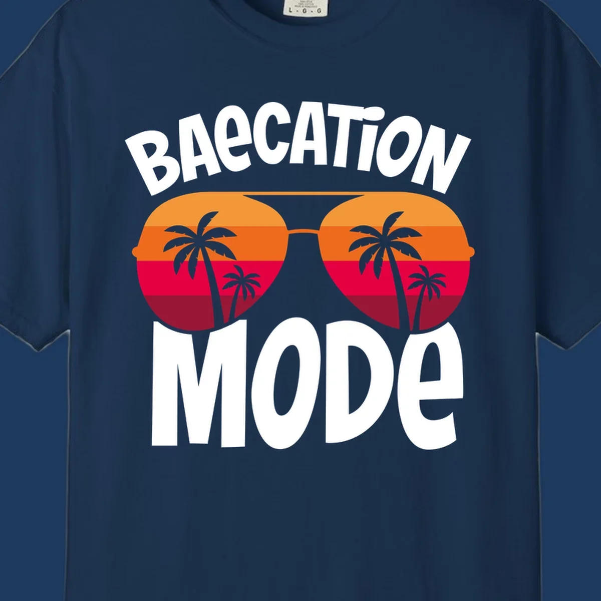 Bagcation mode cruise design with oversized sunglasses featuring tropical sunset and palm tree imagery with bold text