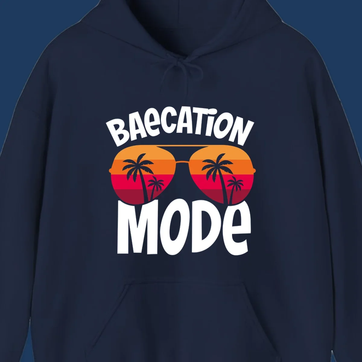 Bagcation mode cruise design with oversized sunglasses featuring tropical sunset and palm tree imagery with bold text