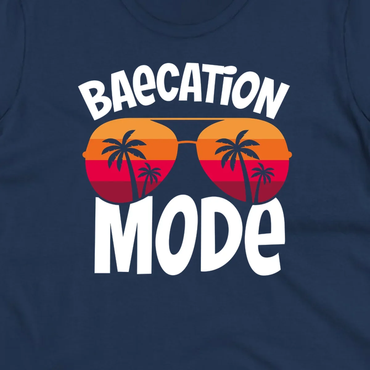 Bagcation mode cruise design with oversized sunglasses featuring tropical sunset and palm tree imagery with bold text