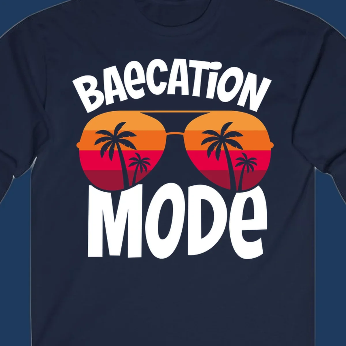 Bagcation mode cruise design with oversized sunglasses featuring tropical sunset and palm tree imagery with bold text