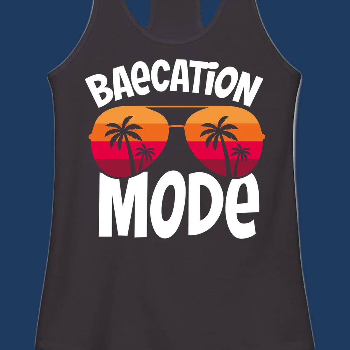 Bagcation mode cruise design with oversized sunglasses featuring tropical sunset and palm tree imagery with bold text