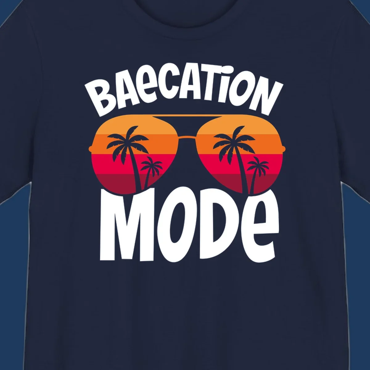 Bagcation mode cruise design with oversized sunglasses featuring tropical sunset and palm tree imagery with bold text