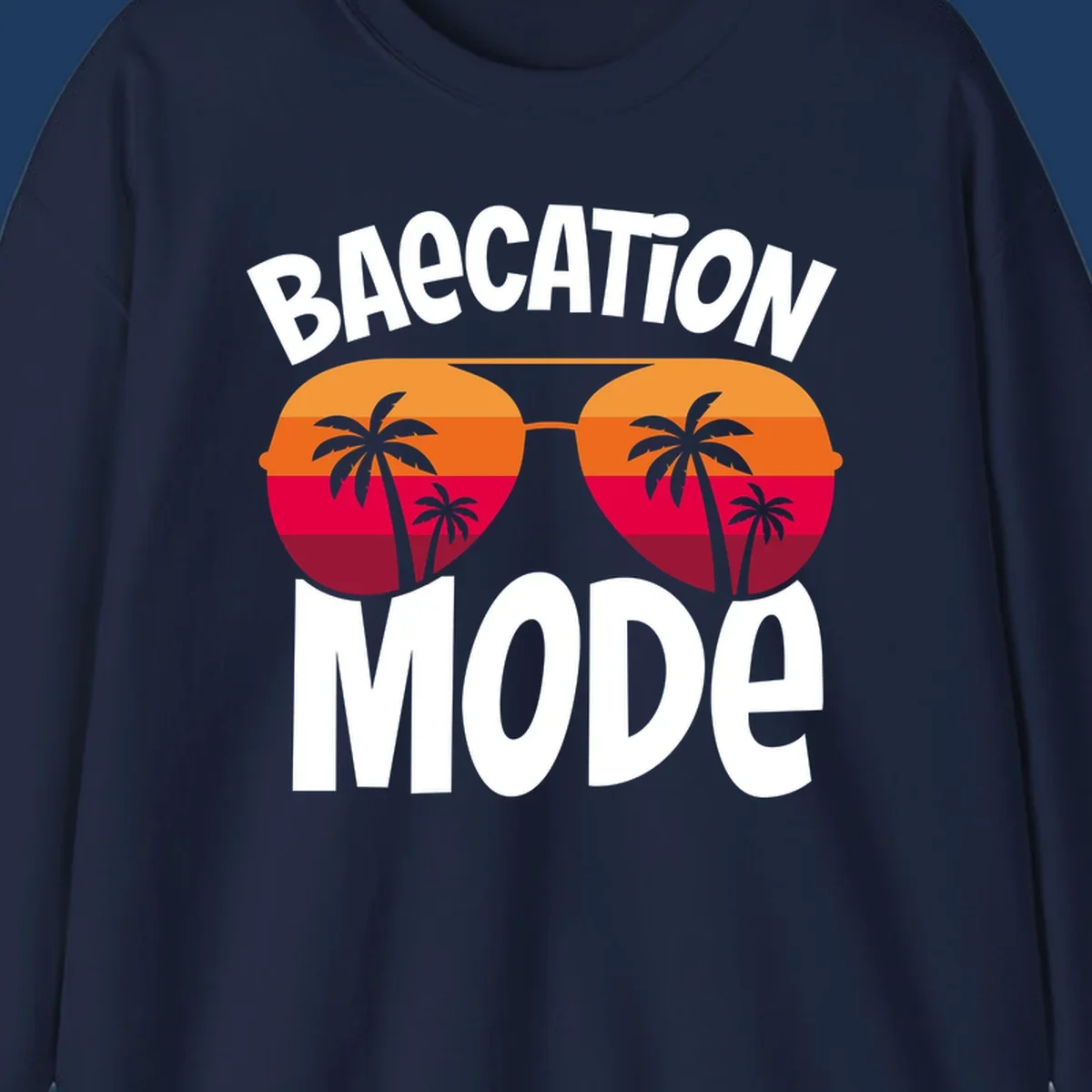 Bagcation mode cruise design with oversized sunglasses featuring tropical sunset and palm tree imagery with bold text