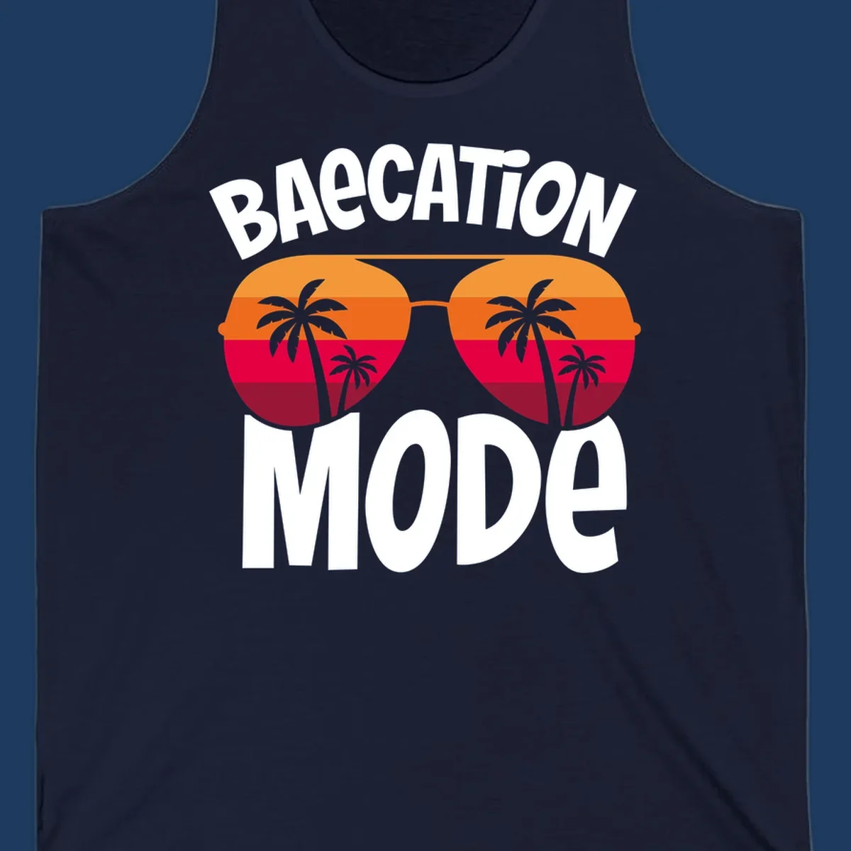 Bagcation mode cruise design with oversized sunglasses featuring tropical sunset and palm tree imagery with bold text