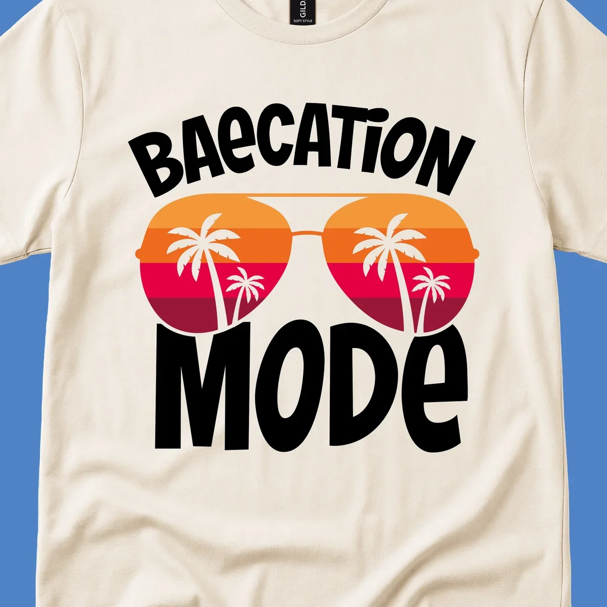 Bagcation mode cruise design with oversized sunglasses featuring tropical sunset and palm tree imagery with bold text