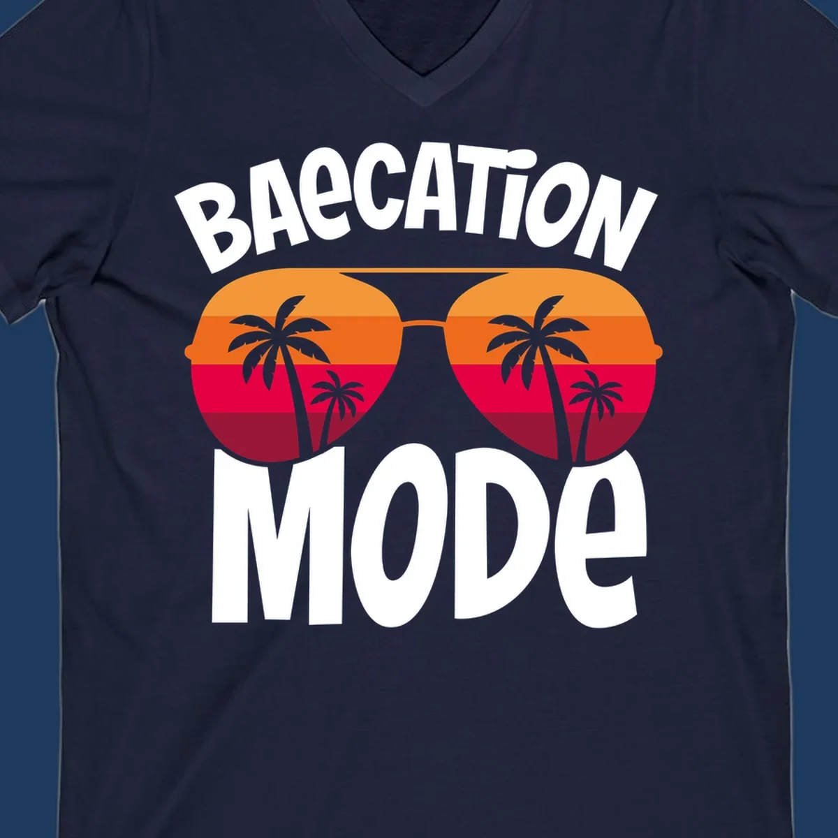 Bagcation mode cruise design with oversized sunglasses featuring tropical sunset and palm tree imagery with bold text