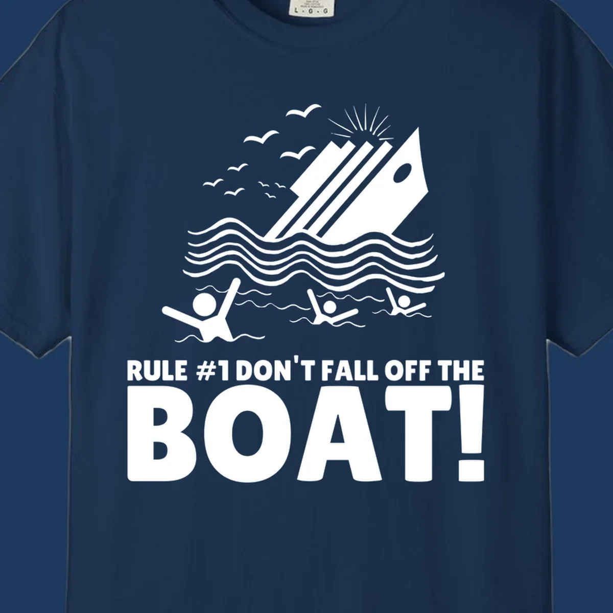 Humorous cruise ship design with text 'Rule #1 Don't Fall Off The Boat' featuring swimmers and ocean waves