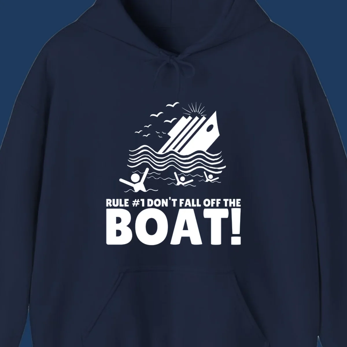 Humorous cruise ship design with text 'Rule #1 Don't Fall Off The Boat' featuring swimmers and ocean waves