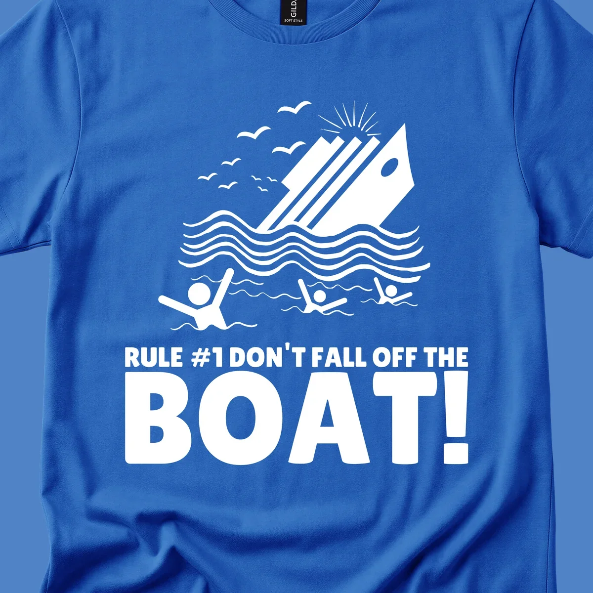Humorous cruise ship design with text 'Rule #1 Don't Fall Off The Boat' featuring swimmers and ocean waves