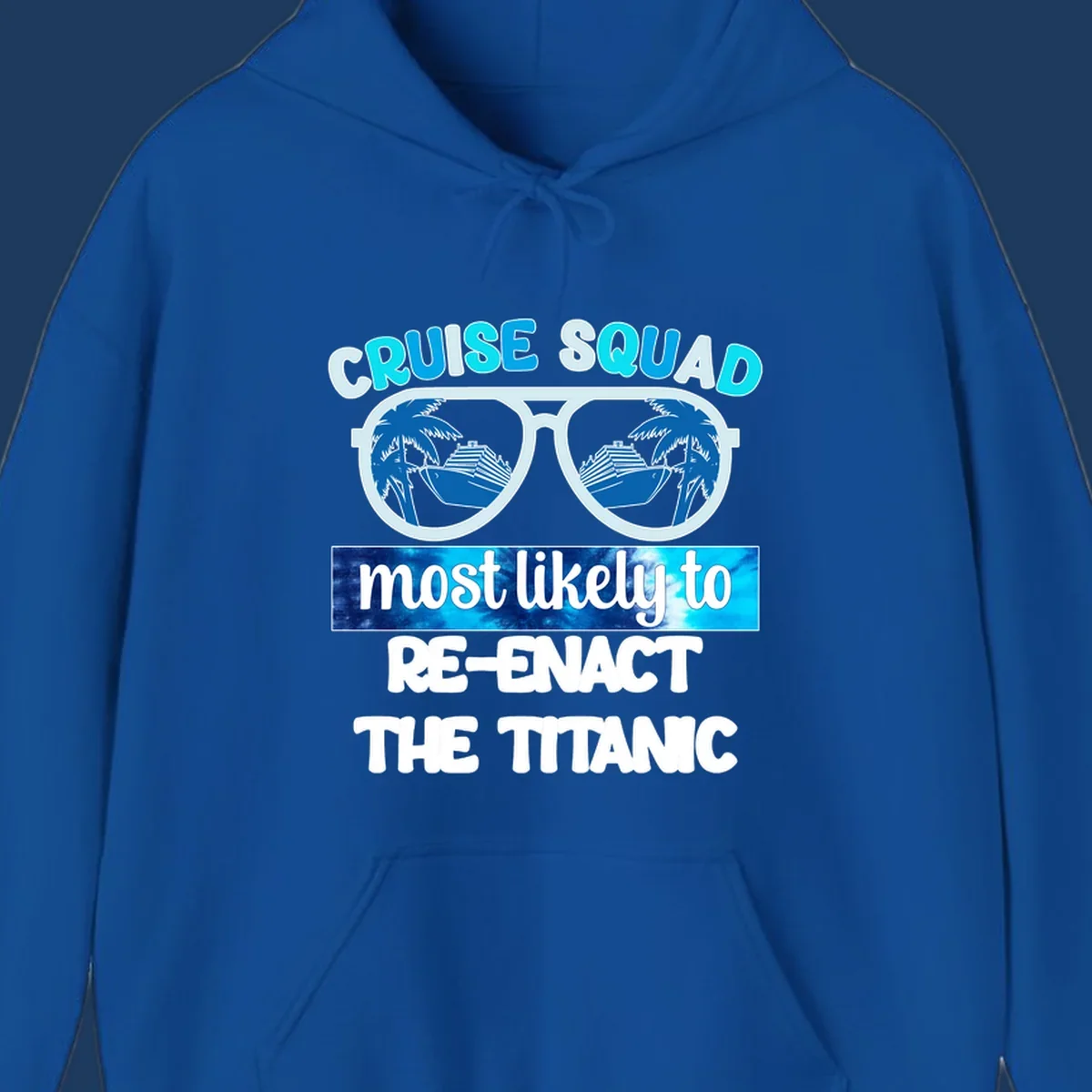 Cruise squad titanic humor design with oversized sunglasses reflecting ships and palm trees, funny nautical text artwork